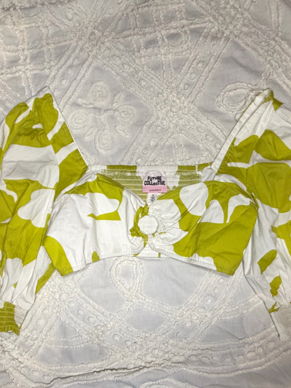 White and Chartreuse Puff-Sleeve Crop Top